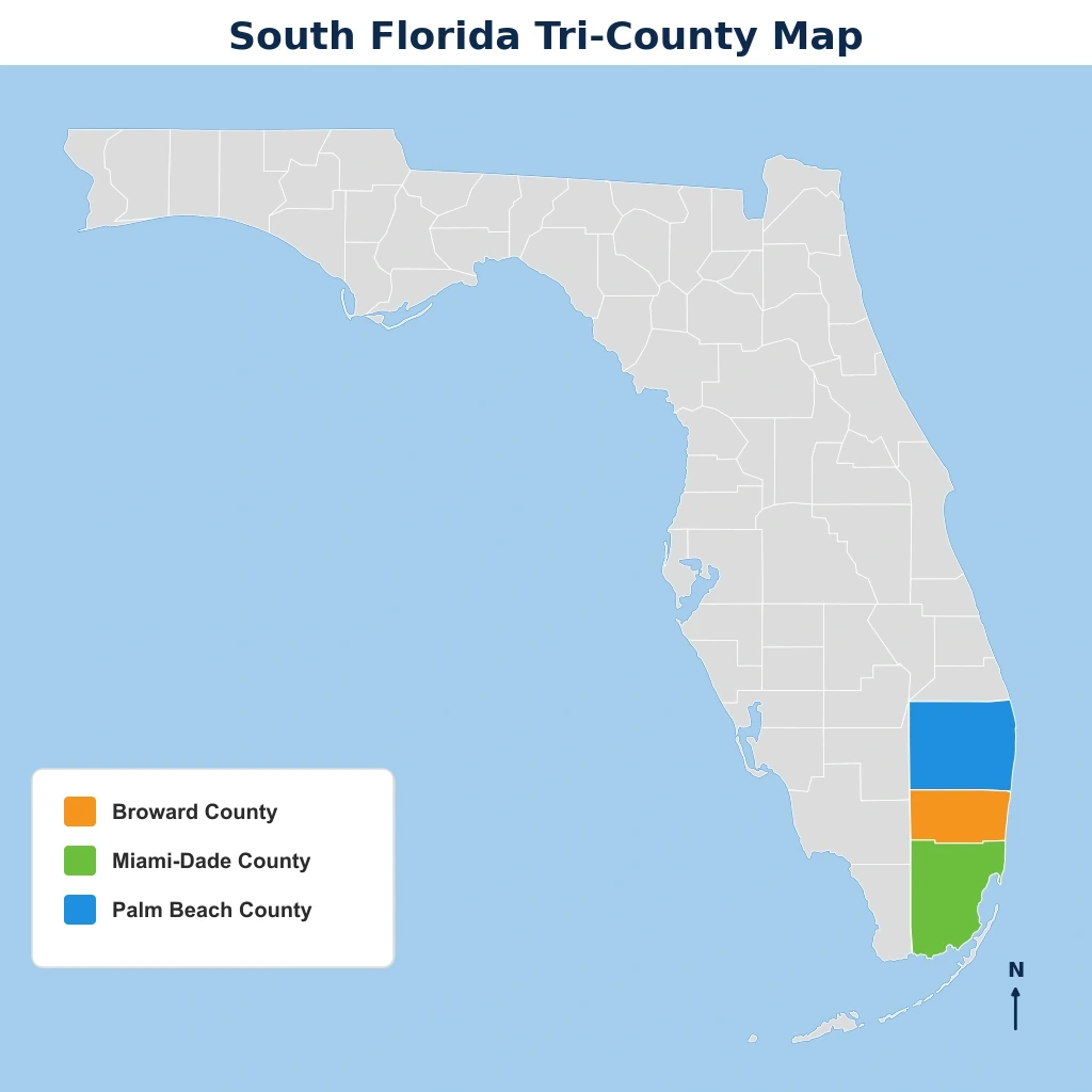 Map of South Florida highlighting Miami-Dade, Broward, and Palm Beach counties served by David Nudel Law